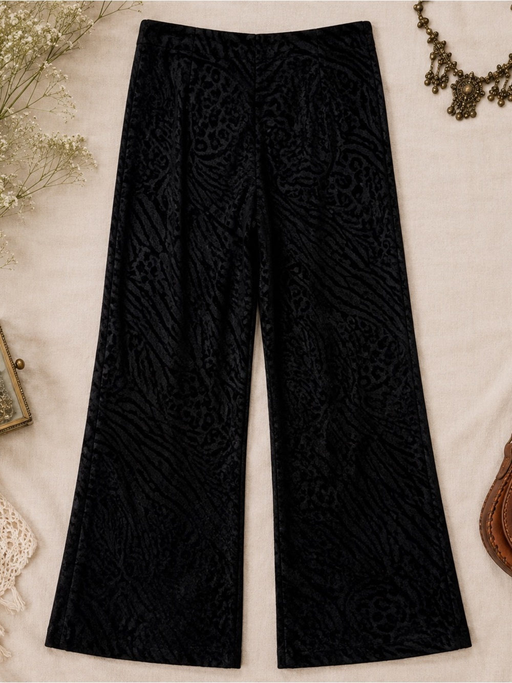 VTG 70s Handmade Black Burnout Velvet Animal Print Flare Pants Boho Goth S